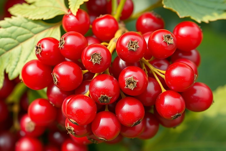 high-resolution illustration of a cluster of red currants with green leaves, natural lighting, macro lens, f/2.8 aperture, 50mm lens, DSLR camera, vibrant colors and sharp details