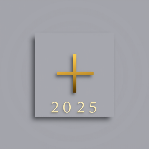 Generate a sleek, modern logo design featuring a minimalistic square divided into four sections with a gold cross in the center, and the year "2025" in an elegant, contemporary font; use a Canon EOS R5 camera with a 50mm lens, aperture set to f/2.8, ISO 100, and a soft, diffused lighting setup for a professional look.