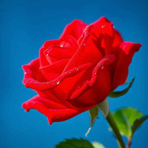 close-up of a blooming red rose with dewdrops against a soft blue background, taken with a Canon EOS R5, 85mm lens, f/1.8 aperture, ISO 100, natural light, shallow depth of field, vibrant colors