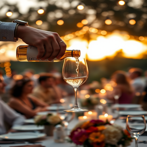 An outdoor dinner party scene with a hand pouring white wine into a glass, soft bokeh background of guests and tables adorned with candles and flowers, golden hour lighting, shot with a Canon EOS R5 at f/2.8, ISO 100, 50mm lens, using a shallow depth of field for enhanced image quality.