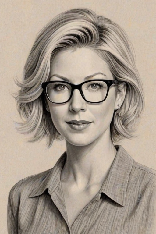 Radiant Jenna Elfman, pencil sketch, portrait of Delightful woman 1948s in glasses, hair style beatnik, outline, clear lines, fine lines, 8k