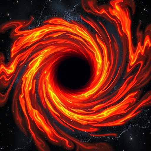 create an image of a swirling cosmic vortex with a black hole at its center, surrounded by vibrant orange and red flames against a starry background