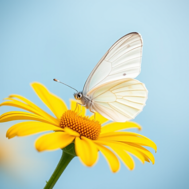 macro shot of a white butterfly perched on a vibrant yellow daisy flower against a soft light blue background, aperture f/2.8, shutter speed 1/250 sec, ISO 100, 50mm lens, natural lighting, DSLR camera, focus on butterfly with shallow depth of field