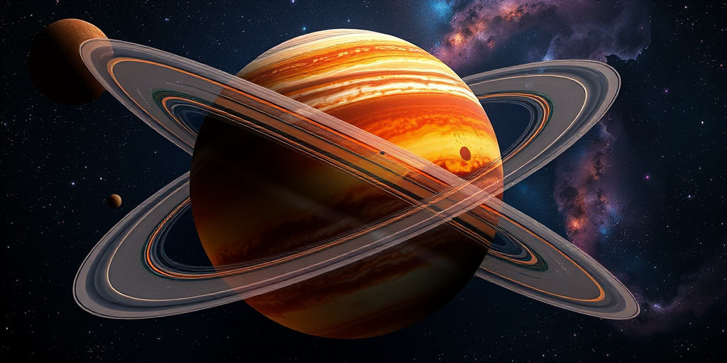 Generate a highly detailed and vibrant image of a colorful gas giant planet with intricate rings and swirling clouds, set in a cosmic background filled with stars and nebulae, captured with a DSLR camera, using a wide-angle lens at f/8, ISO 100, and a shutter speed of 1/250s.