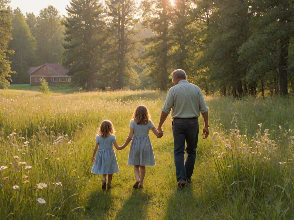 Softly lit, warm morning scene of a father and daughter walking hand-in-hand through a meadow, tall grass swaying in the breeze, sunlight filtering through the trees at the meadow's edge, wildflowers dotting the landscape, a soft smile on both of their faces, a distant farmhouse barely visible.