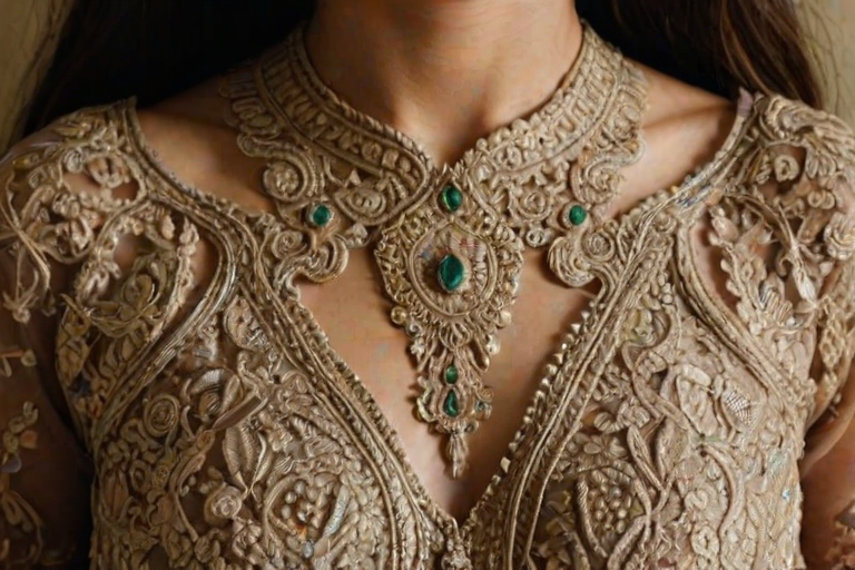 Face, shoulders, chest covered in openwork Pakistani embroidery. Raw, unedited image.