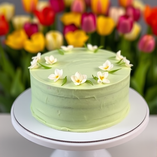 A beautifully decorated cake with a light green frosting featuring delicate white flowers and green stems, displayed on a white round cake stand, with a blurred background of colorful tulips.