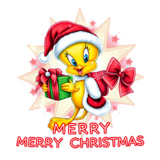 Merry Christmas” cosmic star art tweety bird wearing a Christmas hat and Santa jacket holding gift with a big bow tweety bird is extremely detailed and vibrant behind her is star cosmic design on white background that’s all Christmas colors red green white the words “MERRY CHRISTMAS” is written at the bottom in red electric font outline in black 3000dpi 32k