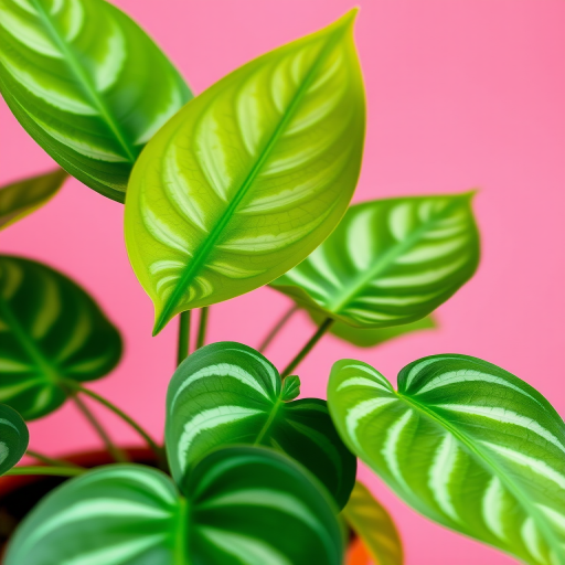 Create a high-resolution digital illustration of a potted plant with large green leaves featuring prominent white veins, set against a solid pink background, using a DSLR camera with a 50mm lens, aperture f/2.8, and a shallow depth of field to enhance detail and focus on the plant while softly blurring the background.