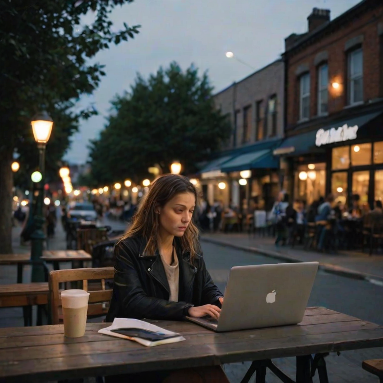 Busy urban cafe at dusk, the streetlights just beginning to come on, a woman sits at an outdoor table, her laptop open as she types away, lost in her work.