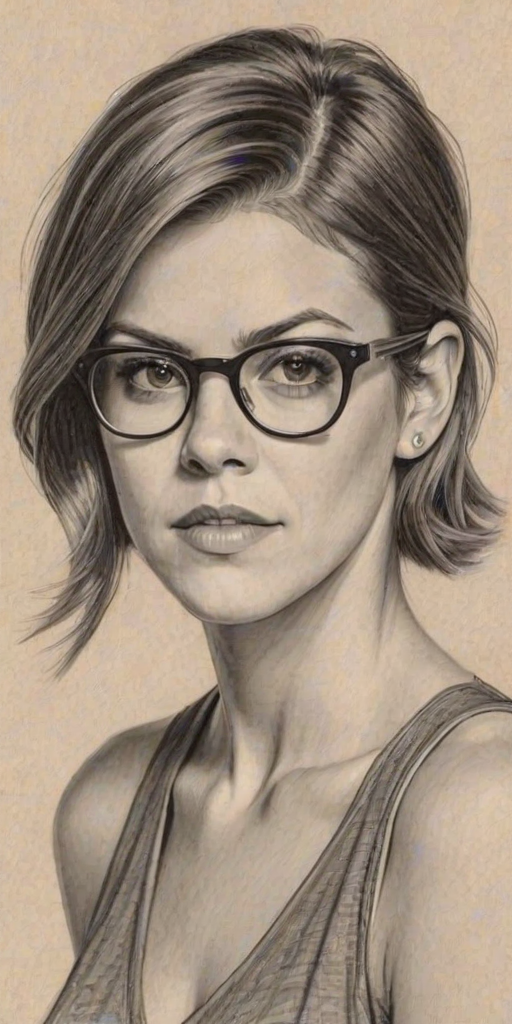 Splendid Lindsey Shaw, pencil sketch, portrait of Gorgeous woman 1935s in glasses, hair style beatnik, outline, clear lines, fine lines, 8k