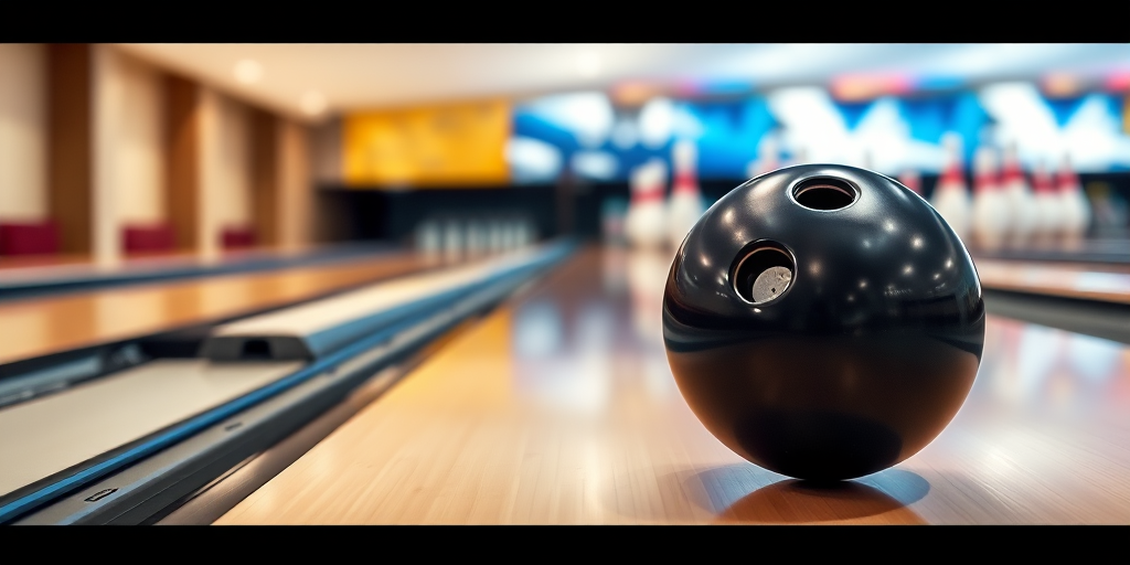 Create a high-resolution image of a black bowling ball with three holes, rolling down a bowling lane with a motion blur effect, using a DSLR camera with a 50mm lens, aperture f/2.8, ISO 200, shutter speed 1/500s, and a low-angle view for dynamic perspective.