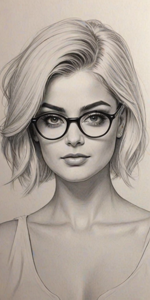Appealing Bebe Rexha, pencil sketch, portrait of Attractive woman 1924s in glasses, hair style beatnik, outline, clear lines, fine lines, 8k