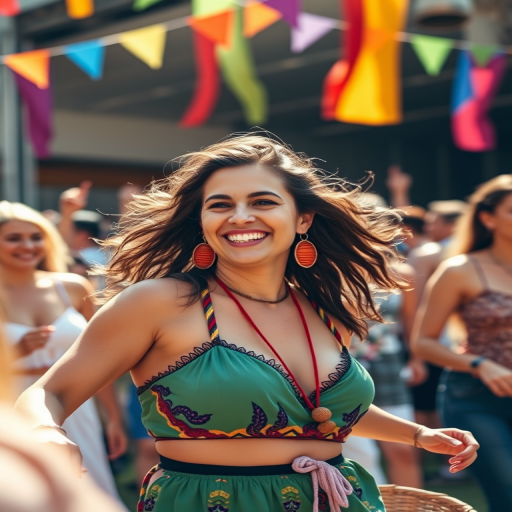 Blurry candid shot of a woman dancing at a music festival, wearing a colorful outfit, with friends around her, colorful flags waving in the background, and sunlight illuminating their smiles.
