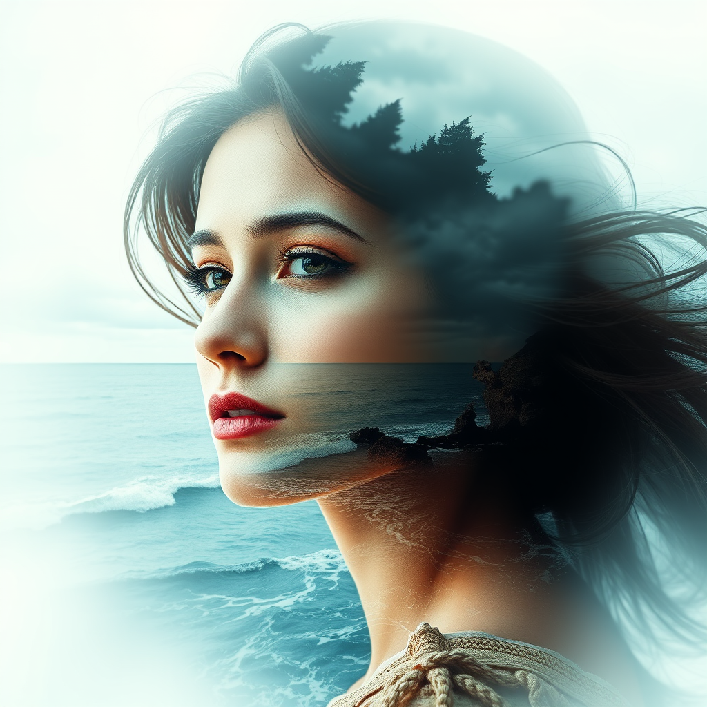 generate Book cover, A surreal double exposure portrait that blends a woman's face with a beautiful seascape. The overall mood is dreamy and mystical, with rich colors and intricate details