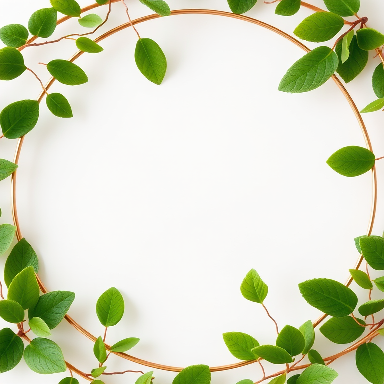 Create a circular floral frame with vibrant green leaves on a gold wire circle against a soft white background using a high-resolution DSLR camera, 50mm lens, f/2.8 aperture, ISO 100, and natural light for enhanced clarity and color vibrancy.
