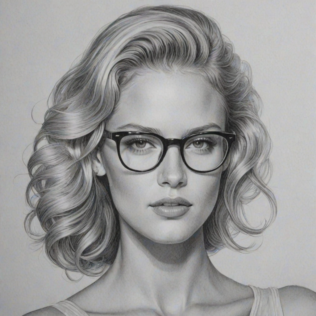Sublime Erin Heatherton, pencil sketch, portrait of Magnificent woman 1939s in glasses, hair style beatnik, outline, clear lines, fine lines, 8k