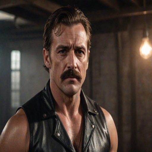 realistic lighting, photo, photorealistic, portrait of rugged man, brown hair, thick moustache, intense expression, wearing a black leather vest, muscular build, shoulder harness, dramatic lighting, gritty and tough