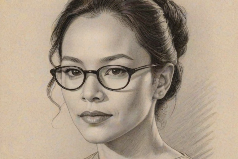 Charming Irene Bedard, pencil sketch, portrait of Stunning woman 1929s in glasses, hair style beatnik, outline, clear lines, fine lines, 8k