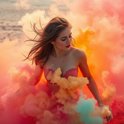 Create an artistic composition of a female figure emerging from a cloud of colorful sand and smoke, captured with a Canon EOS R5, 85mm f/1.2 lens, aperture f/2.8, ISO 100, with soft diffused lighting and a dramatic high-angle view to enhance the sense of motion and depth.