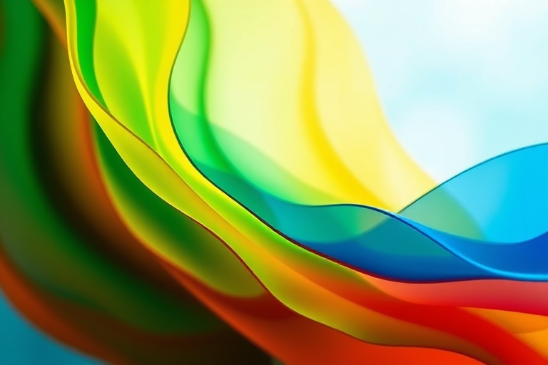 Create an abstract image with vibrant flowing colors blending seamlessly from green to yellow, red, and blue, using a Canon EOS 5D Mark IV, 50mm lens, aperture f/1.8, ISO 100, shutter speed 1/125s, in a macro style with soft focus for depth and texture.