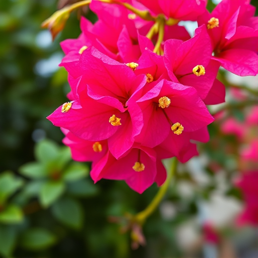 Generate a vibrant image of bougainvillea flowers in full bloom with a shallow depth of field, using a DSLR camera with a 50mm lens, f/1.8 aperture, ISO 400, and natural light, capturing a slight angle from above to enhance the petals' texture and colors.