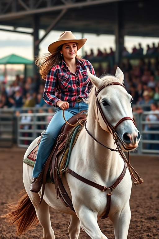 photograph a young woman riding a light-colored horse at a rodeo event with spectators in the background, using a DSLR camera with a 50mm lens, aperture f/2.8, shutter speed 1/500s, ISO 100, natural lighting, captured from a low angle to emphasize the motion and excitement of the scene