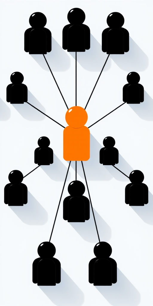 Create an illustration of a network diagram featuring one central orange figure connected to six surrounding black figures, with clean lines and a modern aesthetic, using a digital art style, viewed from a top-down perspective, with a resolution of 300 DPI for high quality.