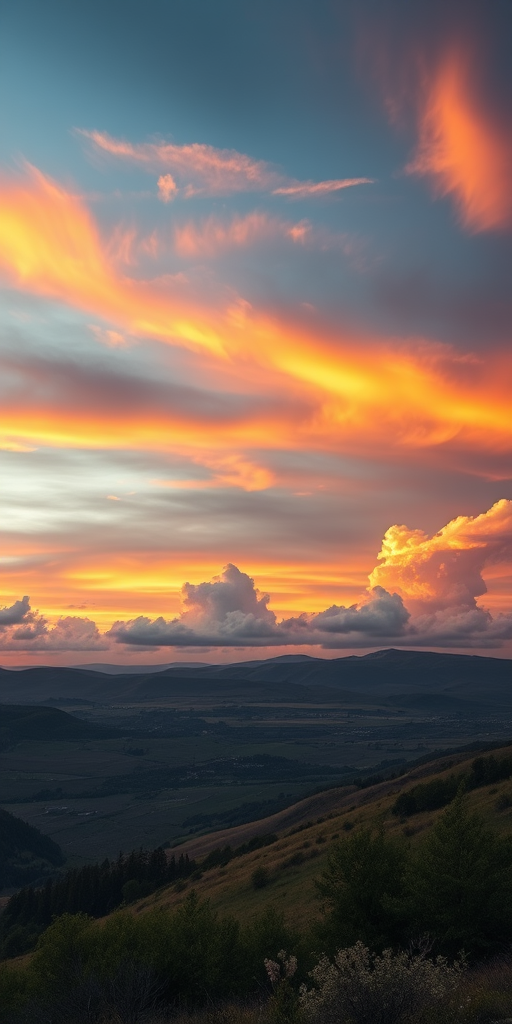 Generate a high-resolution image of a scenic landscape with vibrant colors and dramatic clouds, captured with a Canon EOS R5 at 24mm, f/8 aperture, ISO 100, with a sunset lighting effect and wide-angle view to enhance depth.