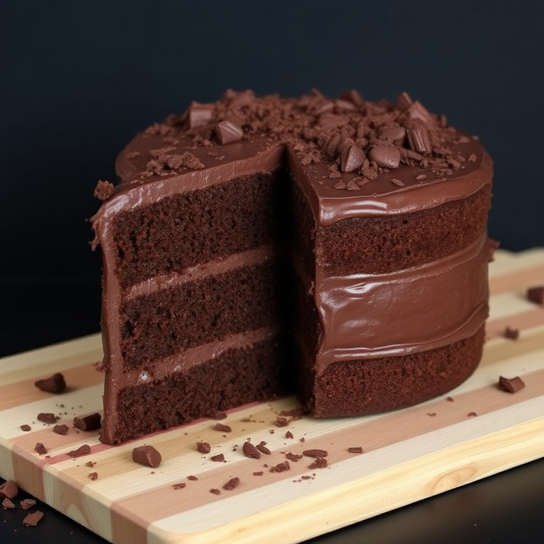 A three-layer chocolate cake with rich chocolate frosting and chocolate shavings on top, sliced to reveal its moist interior, placed on a wooden board with some chocolate shavings scattered around, against a dark background.