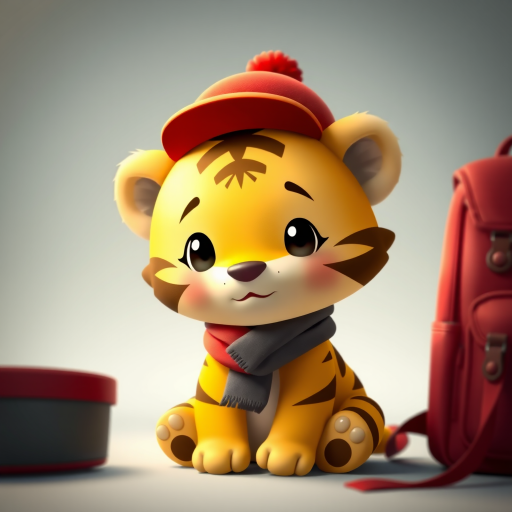 A cute animated tiger character with a red hat and scarf sitting next to a red backpack, soft lighting, shallow depth of field, 50mm lens, f/1.8 aperture, ISO 100, captured with a DSLR camera in a studio setting.
