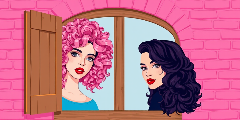 Generate a vibrant illustration of two women with colorful hairstyles, one with pink curls and the other with dark wavy hair, framed by a rustic wooden window, against a bright pink brick wall, using a Canon EOS R5 with a 50mm lens, f/1.8 aperture, ISO 100, shot from a straight-on perspective for depth and clarity.