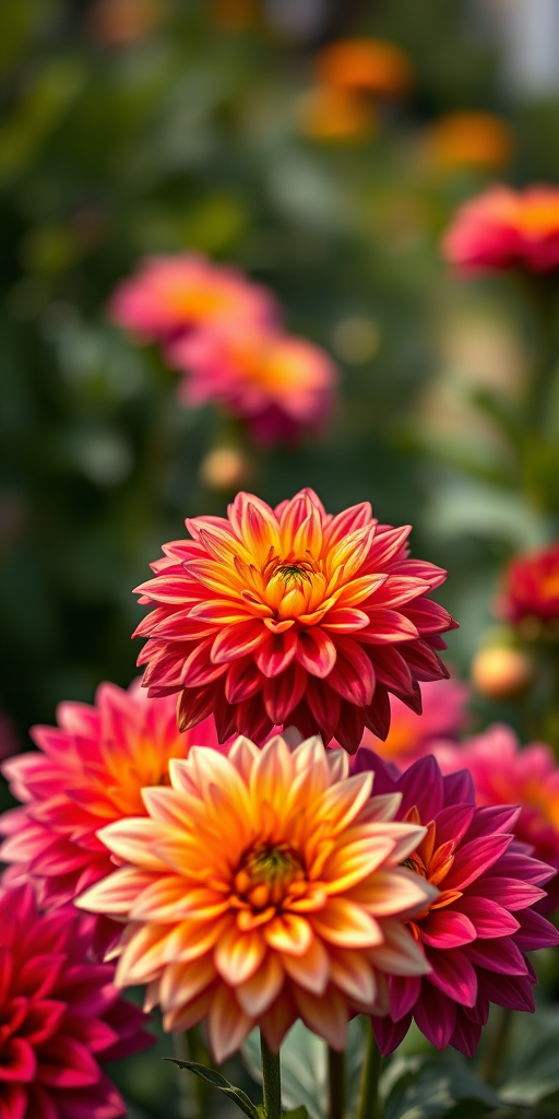 close-up of vibrant dahlias in a garden with a bokeh background, aperture f/2.8, ISO 100, 50mm lens, natural soft lighting, DSLR camera