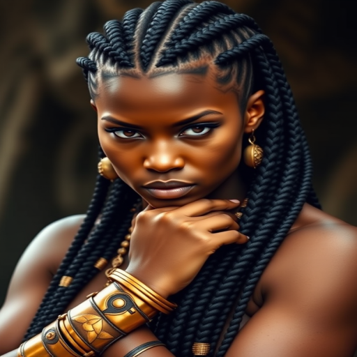 Fierce warrior woman sporting tight cornrow braids leading into long box braids, accented with golden cuffs and metallic thread