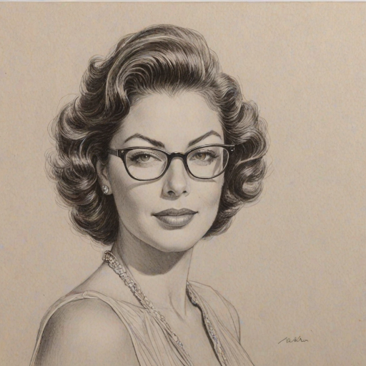 Resplendent Ava Gardner, pencil sketch, portrait of Ravishing woman 1977s in glasses, hair style beatnik, outline, clear lines, fine lines, 8k