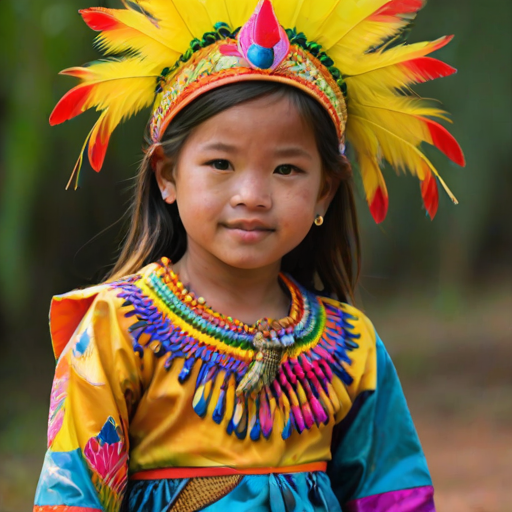 A beautiful Cambodian girl, wearing colorful bird clothing with vibrant colors