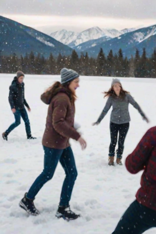 Blurry, candid shot of a group of friends playing in the snow, soft snowflakes falling around them, distant mountains in the background, and the sound of laughter and snow crunching underfoot filling the scene.