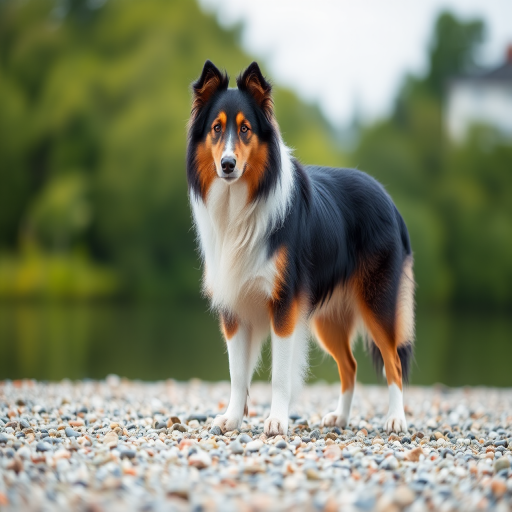 A Collie standing on a pebbly shore with a blurred green background, natural lighting, aperture f/2.8, ISO 100, 50mm lens, shallow depth of field, shot with a DSLR camera.