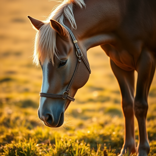 Regenerate an image of a horse standing in a field with its head down, using a Canon EOS R5 camera at a 50mm lens, aperture f/1.8, ISO 200, 1/200 sec shutter speed, in soft natural lighting during golden hour, captured from a low angle perspective to emphasize the horse's mane and the surrounding grassland.