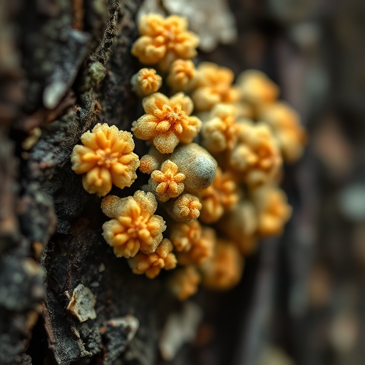 Close-up shot of unique lichens on tree bark with a shallow depth of field, aperture f/2.8, ISO 200, 80mm macro lens, natural light, DSLR camera, focus on texture and details of the fungi.