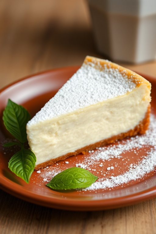 A fluffy and creamy cheesecake slice dusted with powdered sugar served on a brown plate with a fresh green leaf beside it and a cup in the background.