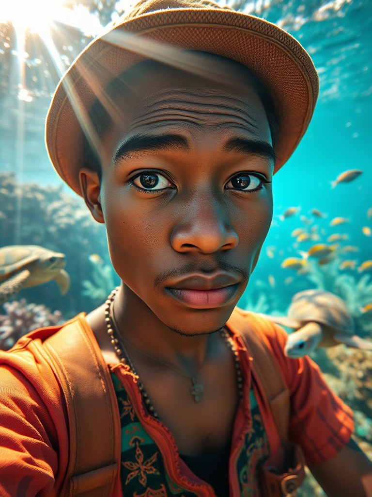 Realistic selfie image of a Melanesian, wearing a vintage outfit, detailed dreamy eyes, droopy hooded eyes, staring at the camera, taken underwater at coral reef with a sunbeam filtering through the water, vibrant, summer vacation, natural lighting, turtle and school of tropical fish with vibrant colors, rendered in the style of CryEngine, Pegi Nicol MacLeod, with realistic genre scenes, hauntingly beautiful narratives, ultra-realism, and Thomas Saliot's close-up technique, 8K resolution, crystal clear and sparkling water.