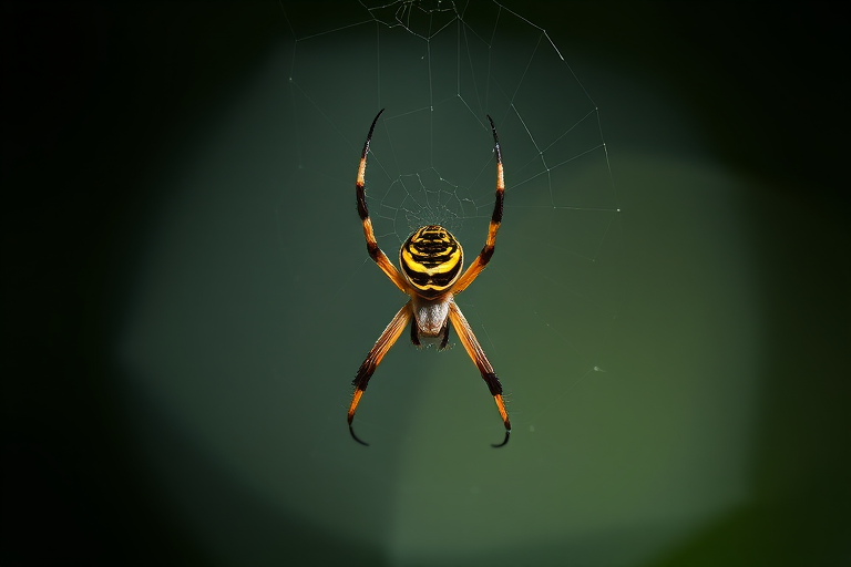 Close-up of a spider hanging in its web with a blurred shadow in the background, using a Canon EOS 5D Mark IV, 100mm macro lens, f/8 aperture, ISO 200, natural light, shallow depth of field, soft focus background.