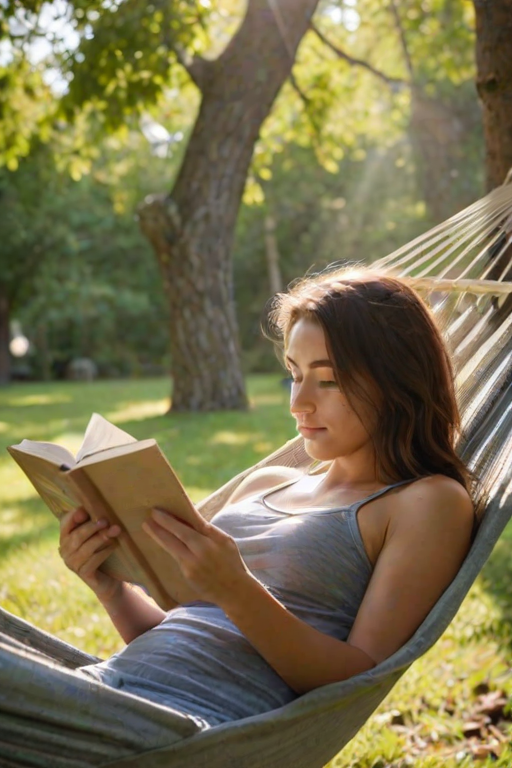 Softly focused image of a young woman reading a book in a hammock, soft sunlight filtering through the leaves above, with distant birds chirping and the smell of fresh grass in the air.