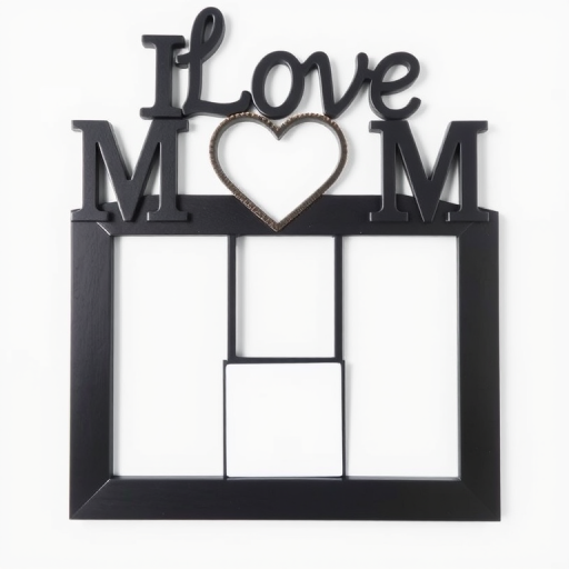 Create a high-resolution image of a black "I Love Mom" photo frame with three empty rectangular slots on a clean white background, captured with a DSLR camera at f/2.8 aperture, 50mm lens, ISO 100, natural lighting, and a shallow depth of field for enhanced image quality.