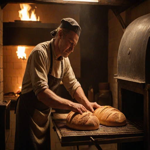 Warmly lit image of a baker pulling freshly baked bread from an oven, soft glow from the flames casting warm shadows, the smell of yeast and warm dough filling the kitchen.
