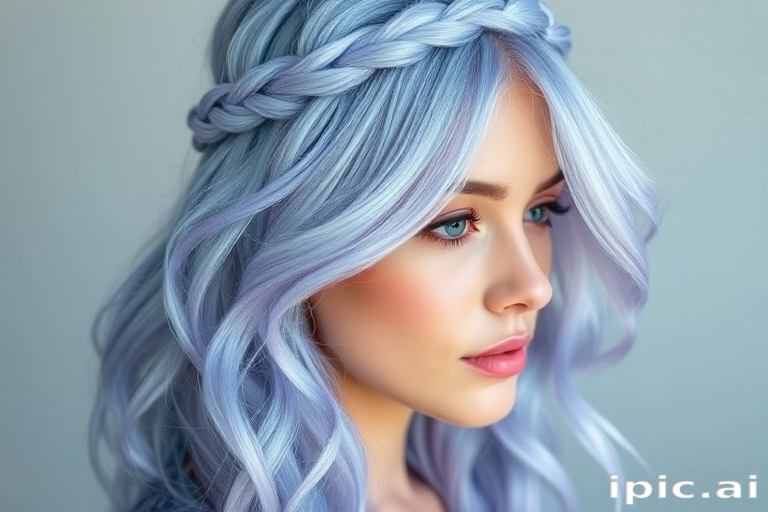 Soft periwinkle blue hair styled in loose, romantic waves with a crown braid embodies the dreamy "Skyward Whisper" look, featuring delicate silver and lavender highlights that add dimension and movement to the ethereal hues, creating a whimsical and enchanting appearance
