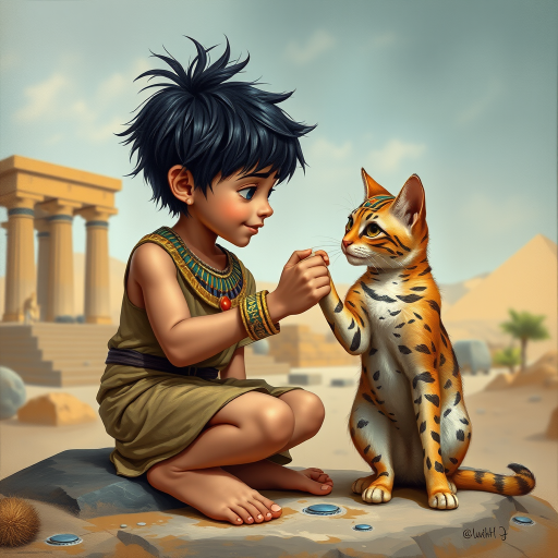 Airbrush, whimsical, glossy oil painting, hyper realism of an Ancient Egyptian boy with black messy short hair, wearing an Ancient Egyptian outfit, bare feet, sitting on a stone in front of a temple, fist bumping with his Ancient Egyptian cat, the boy and the cat looking to each other proudly.