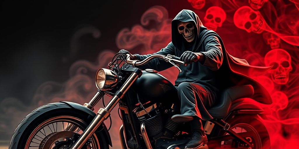 Create a detailed image of a grim reaper riding a motorcycle, emphasizing smooth curves and swirling smoke with skulls, using a DSLR camera with a 50mm lens, f/2.8 aperture, ISO 200, shot from a low angle with a shallow depth of field for enhanced background blur.