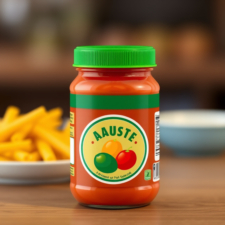 Create a high-resolution digital illustration of a jar of pasta sauce with a green lid and a label featuring an oval shape and tricolor design, using a DSLR camera with a 50mm lens, f/2.8 aperture, 1/60 shutter speed, and 100 ISO, with a focus on vibrant colors and sharp details against a blurred background.